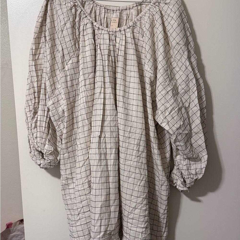 High-Low Women's Check Peasant Dress - Cream with Black Grid